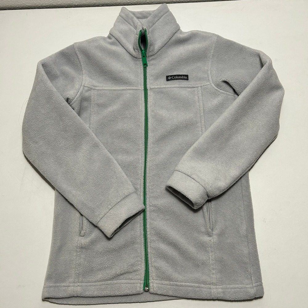 Columbia Youth Boys Medium 10/12 Gray Full Zip Fleece Jacket Green Zipper Pocket